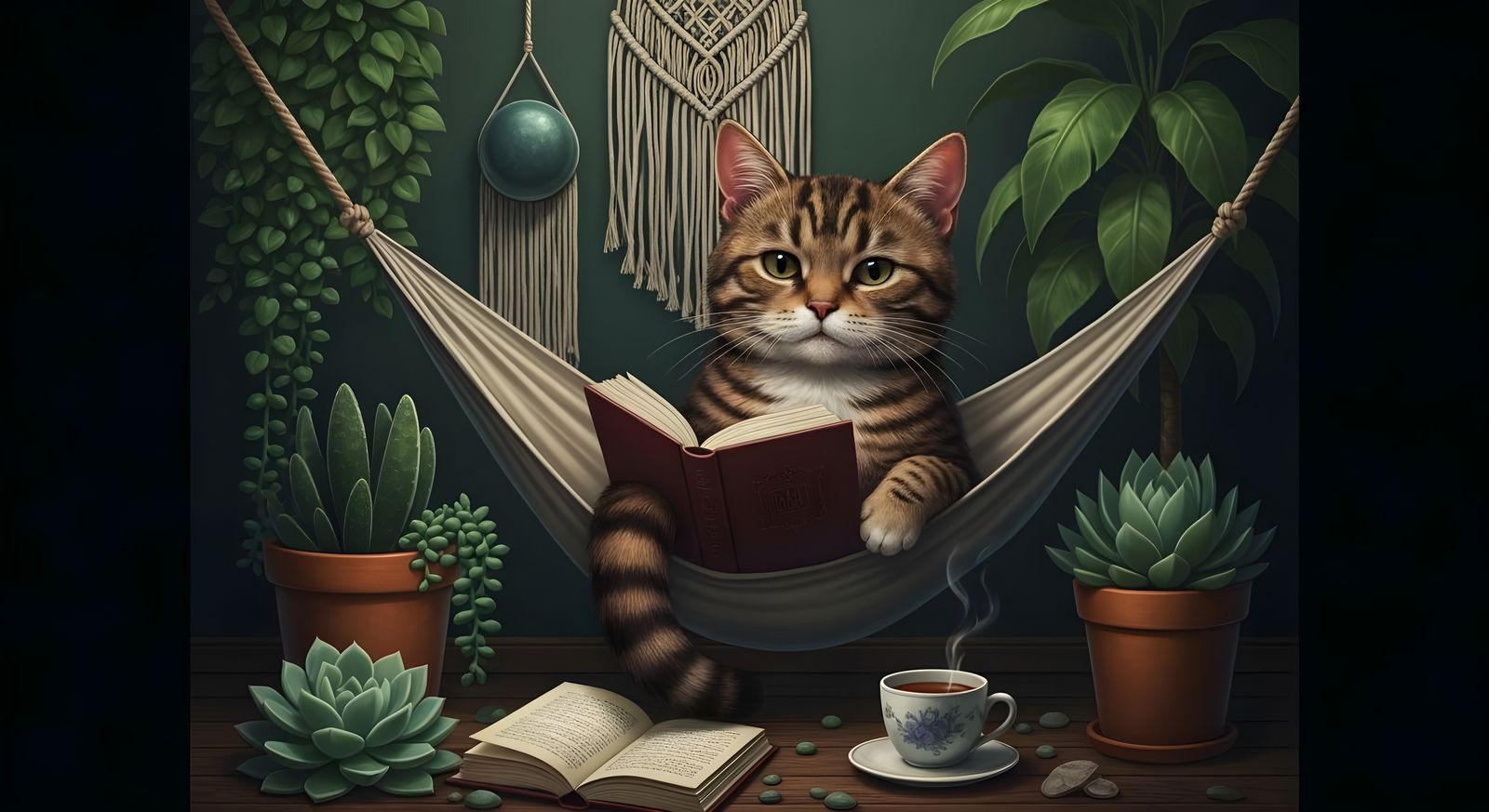 Millennial Cat Lounging in Hammock, Dark Fantasy Style