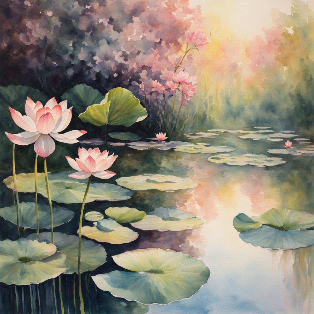 Soft Focus Watercolour of Glowing Lotus Flowers in a Peacefu...