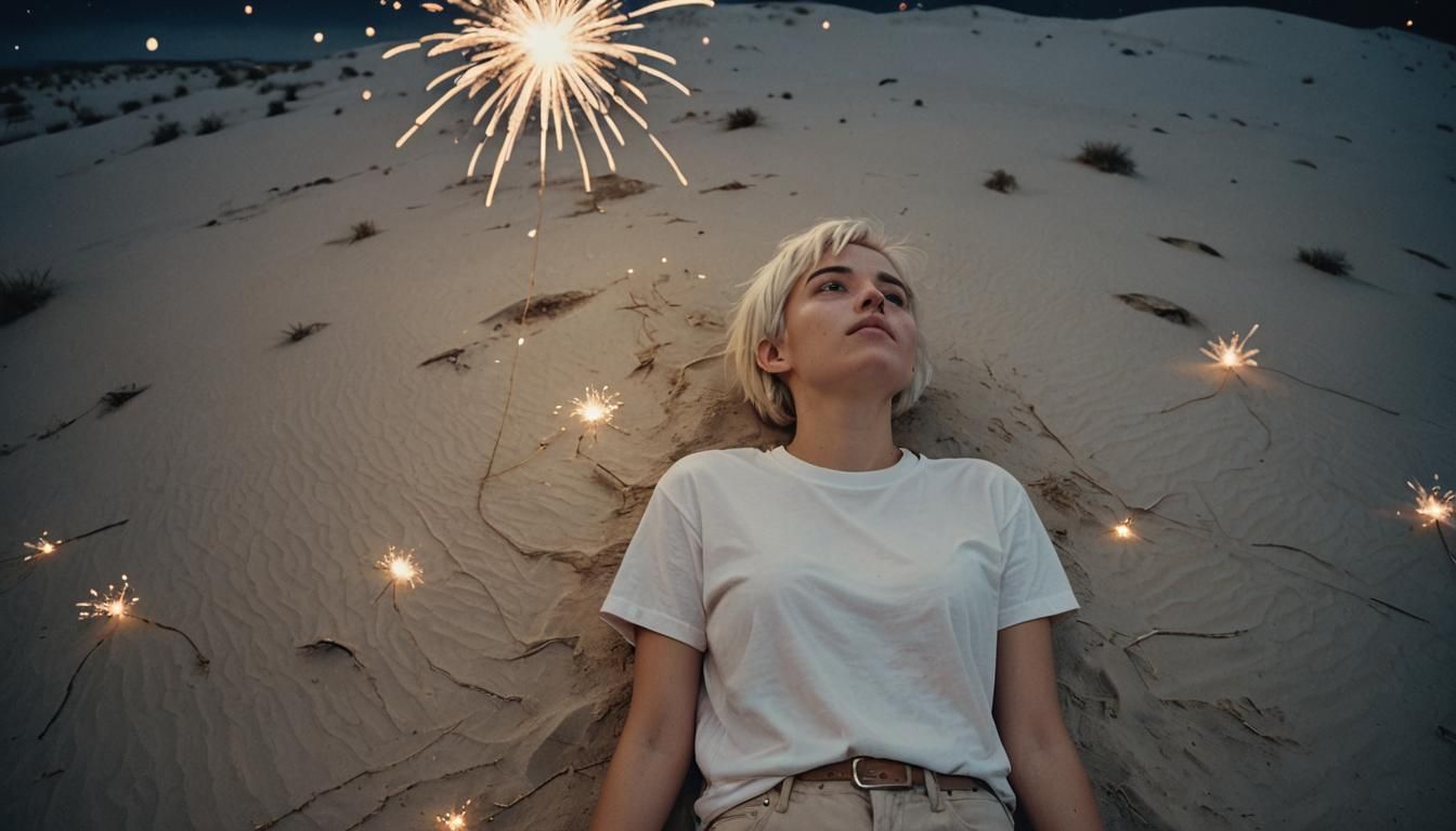 Teen Girl Gazing at Fireworks in Desert Night