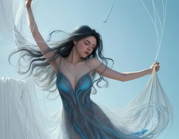 Woman in Gown Suspended from Silk Threads