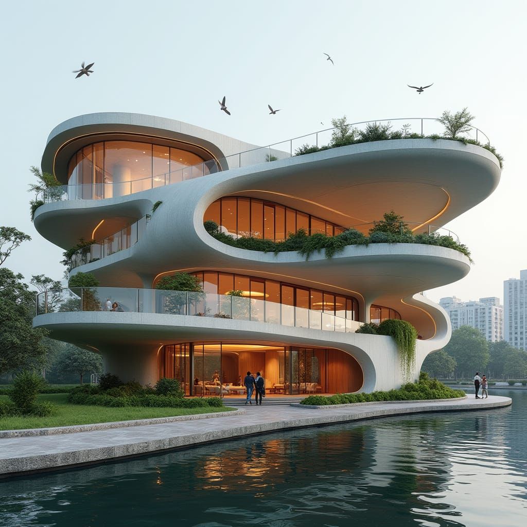 Surreal Futuristic Flower Building Unfolds by a Serene Lake