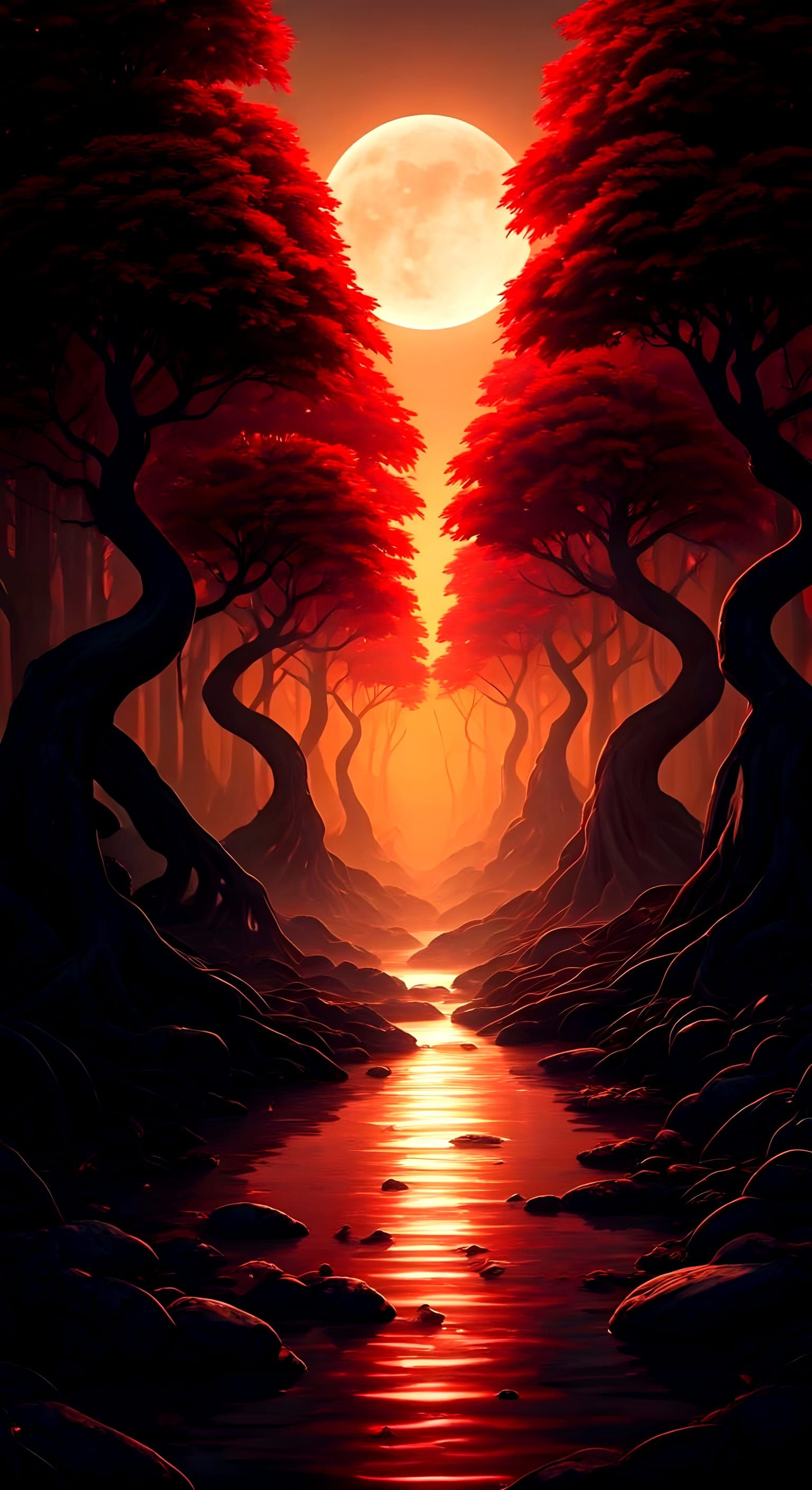 Mystical Ancient Forest Under Crimson Red Moonlight