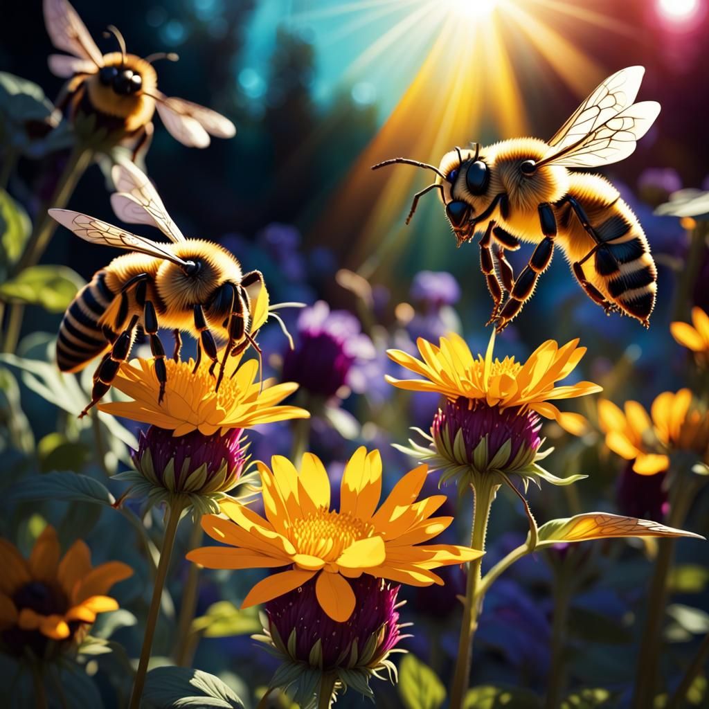 Bees and Flowers Macro Portrait in Cel Shading