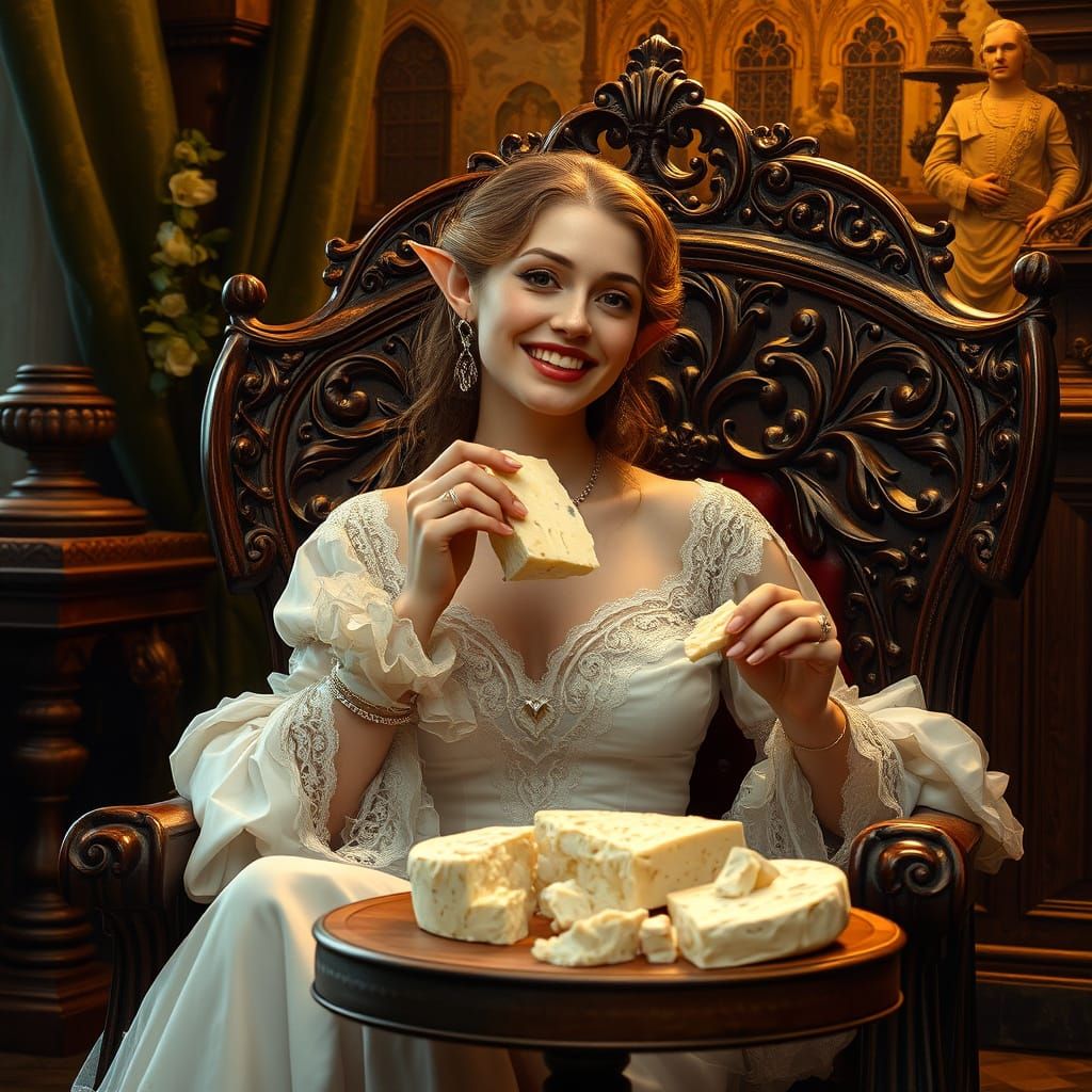 Ethereal Woman Savoring Feta in Opulent Castle Setting