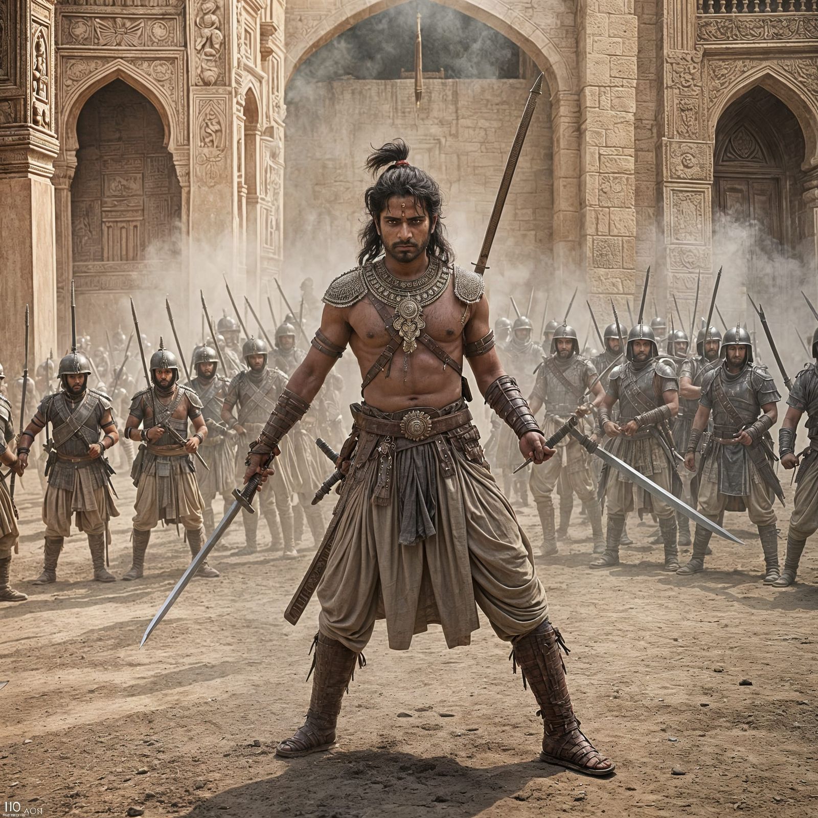 A hindu Indian warrior standing with swords in two hand agai...