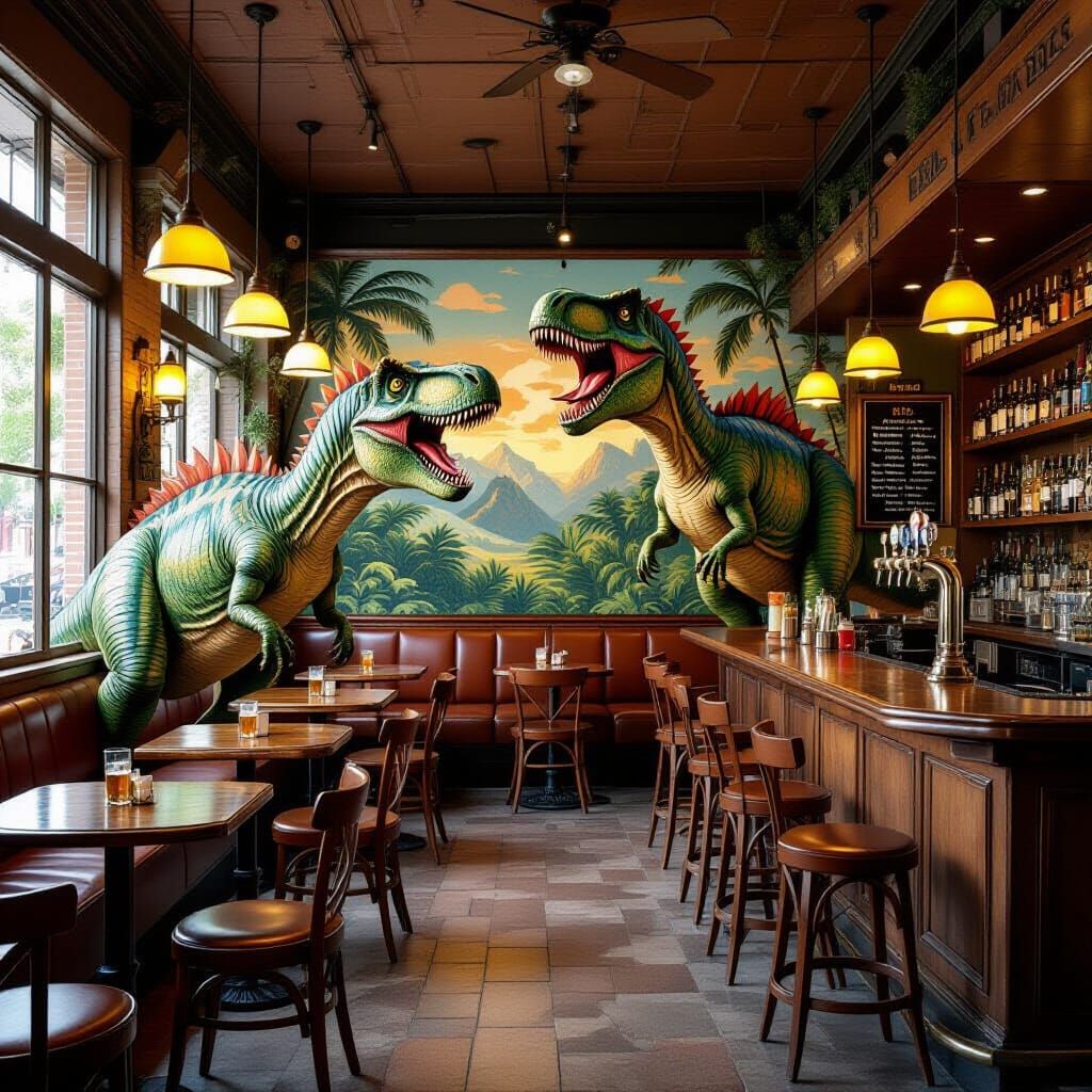 Dinosaurs Enjoying Beer at a Modern Bar