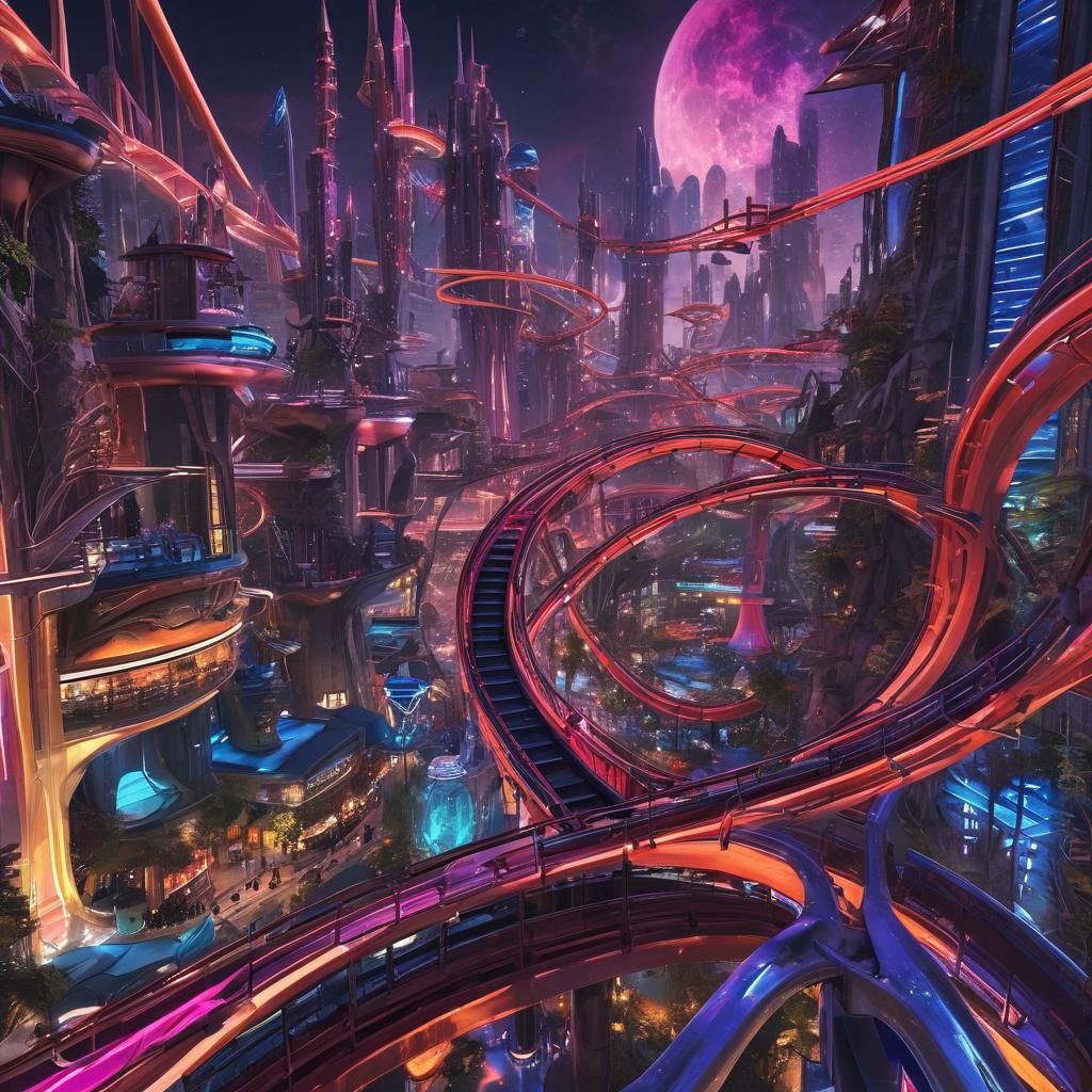 Futuristic Theme Park in Neon Cityscape