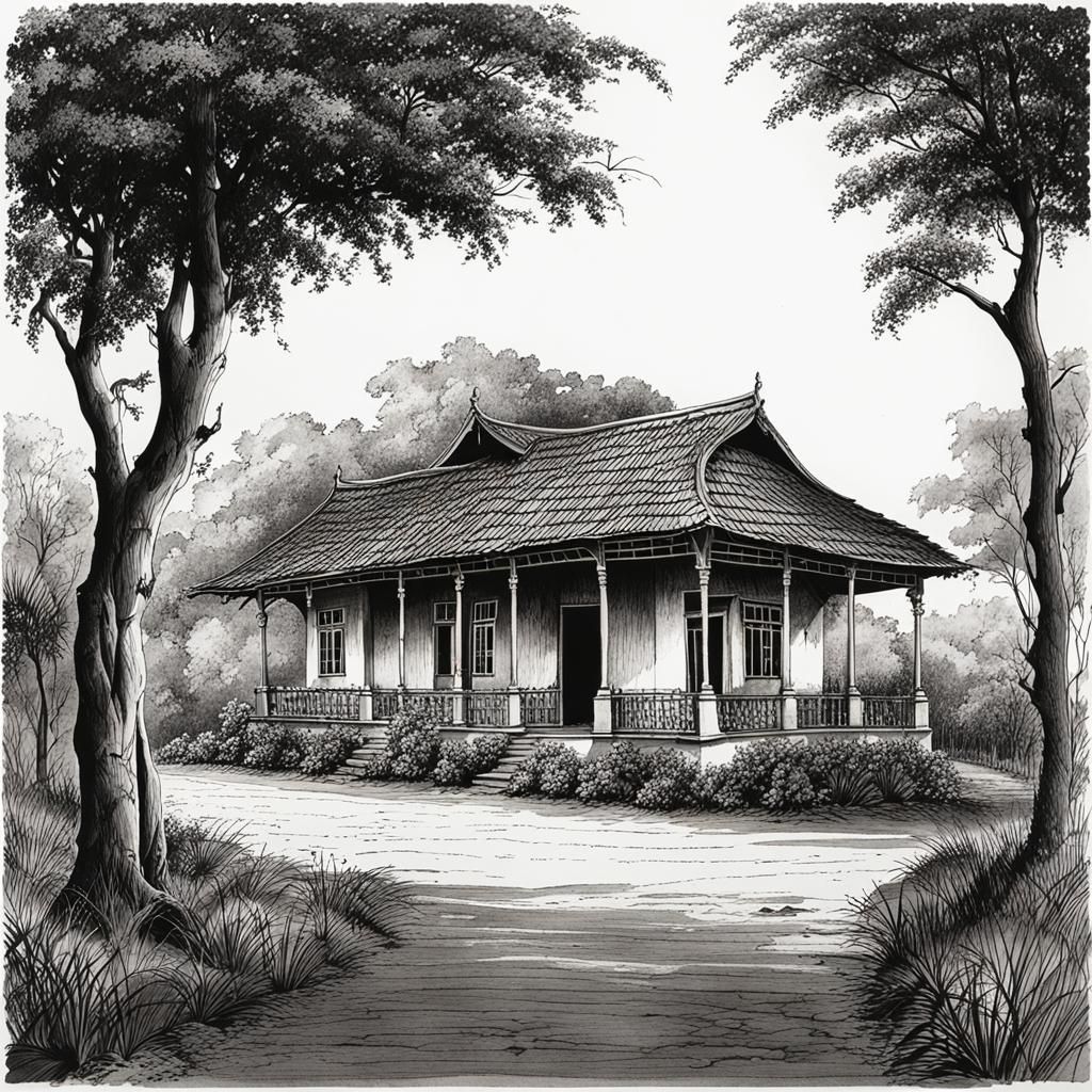 Pen and Ink Illustration: Old English Bungalow in India