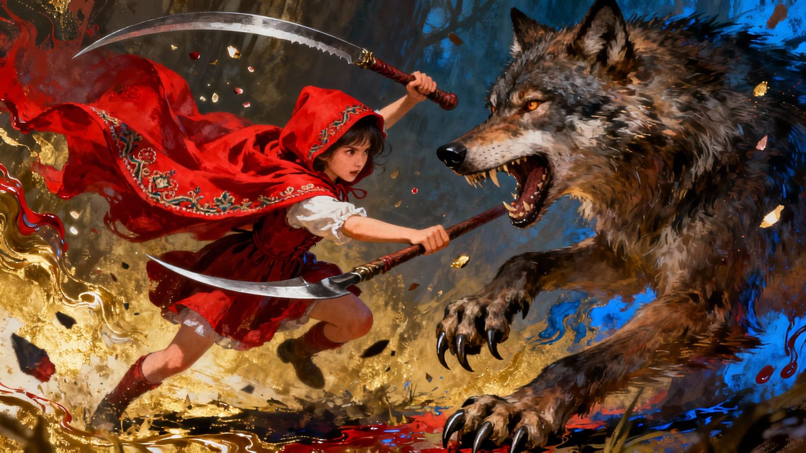 Little Red Riding Hood Fights Wolf in Detailed Oil Gouache S...