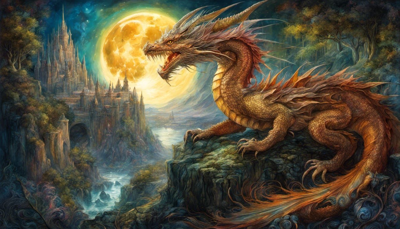 Dragon in Fantasy Kingdom Under Full Moon