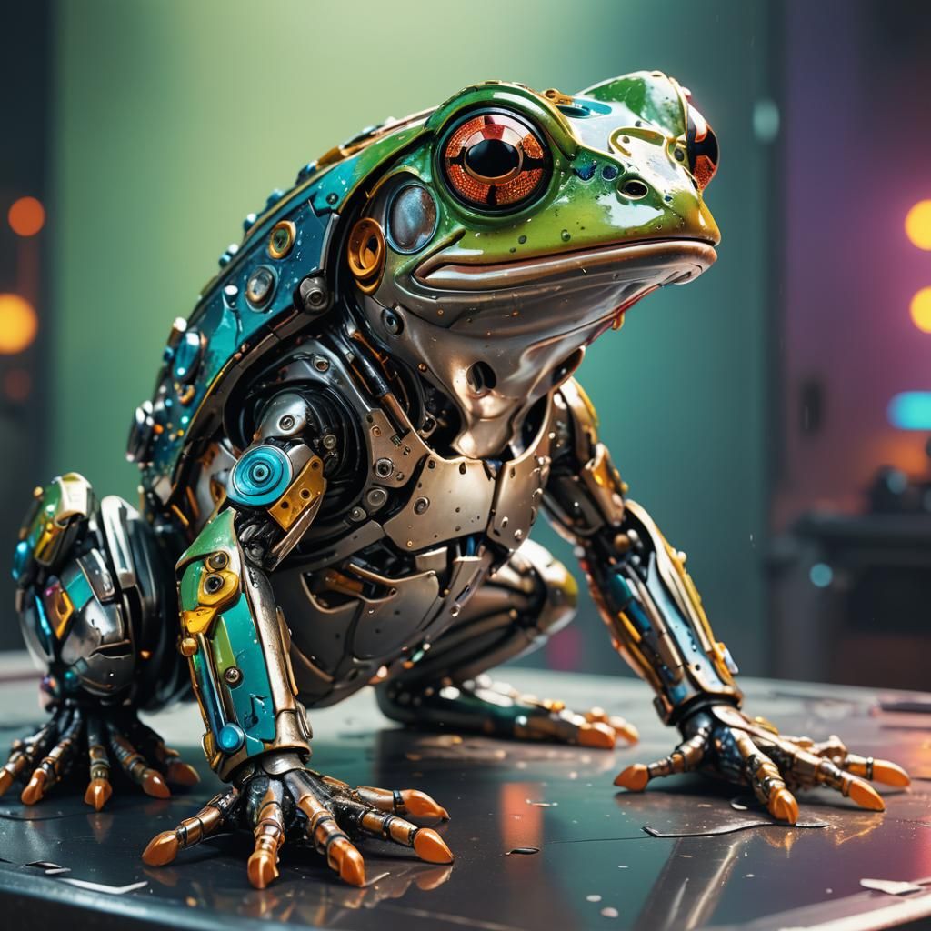 Cyberpunk Cyborg Frog Pet on Table