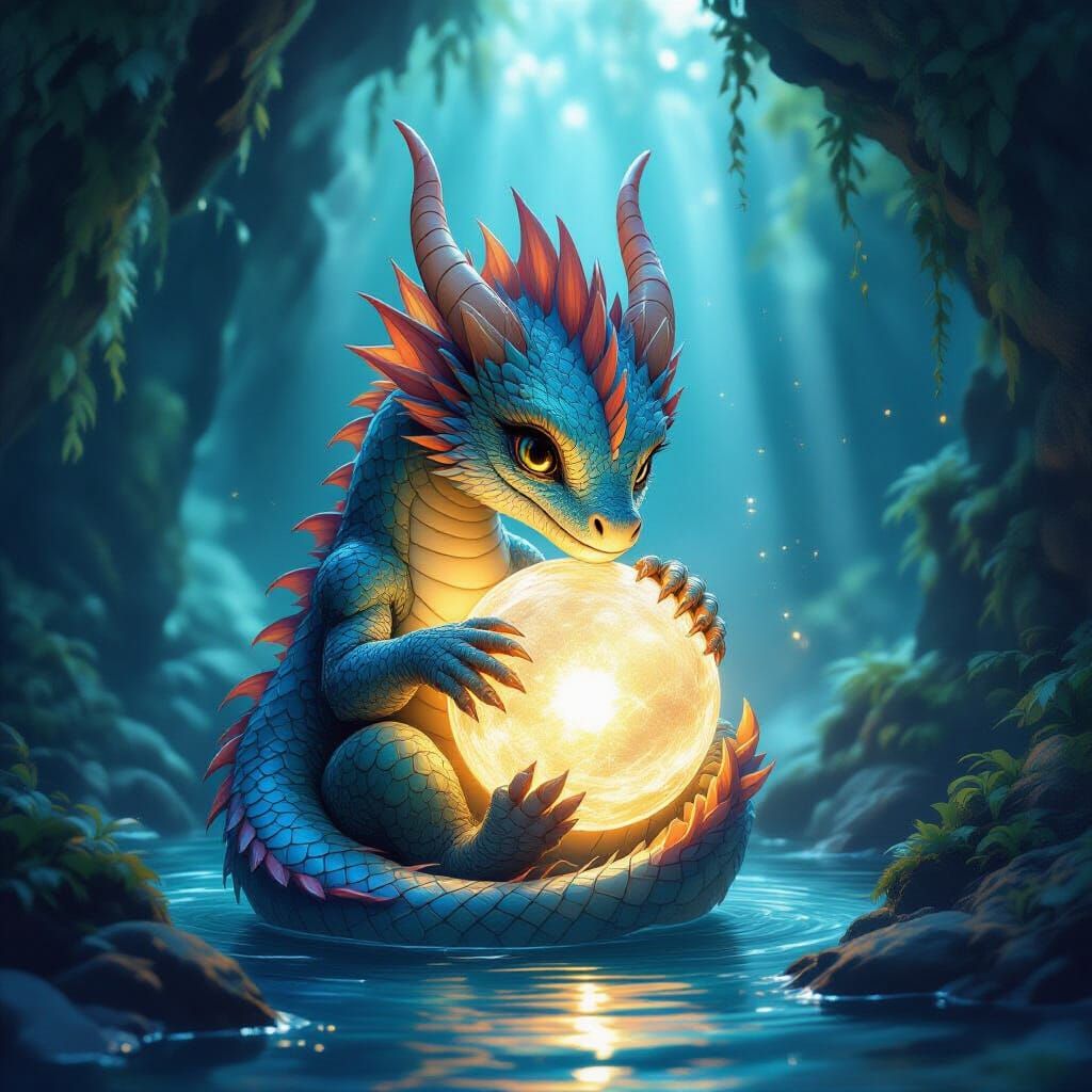 Majestic Dragon Baby Protects Glowing Orb in Grotto