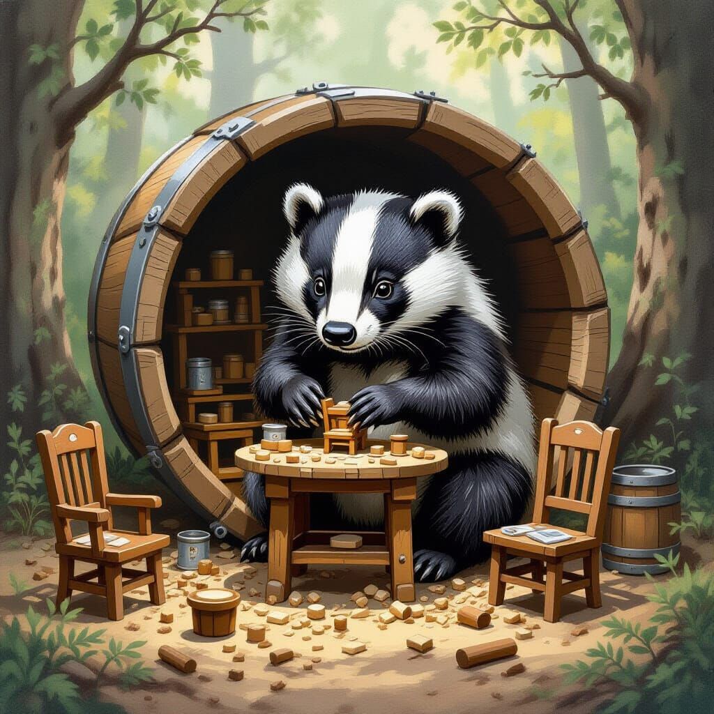 Badger Crafts Miniature Furniture in Cozy Beer Keg Workshop