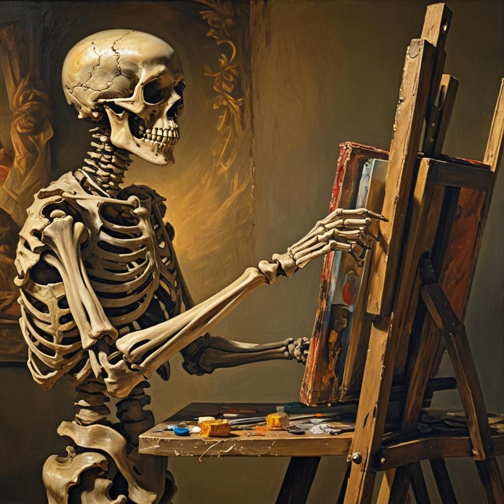 Skeleton Painter Creates Robot Portrait in Baroque Style