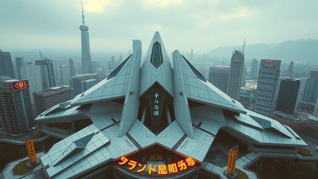 Cyberpunk Cityscape with Unique Mega-Tower