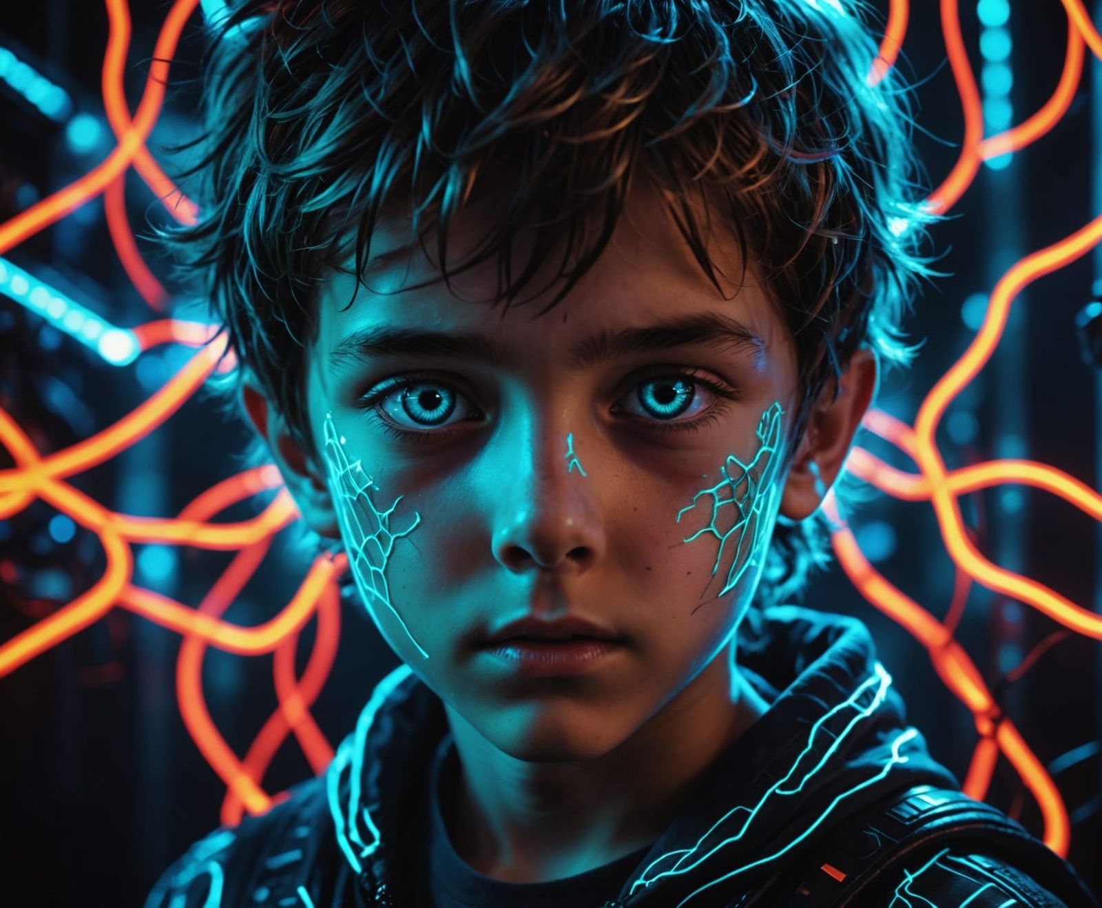 Eerie Futuristic Boy with Glowing Neon Eyes