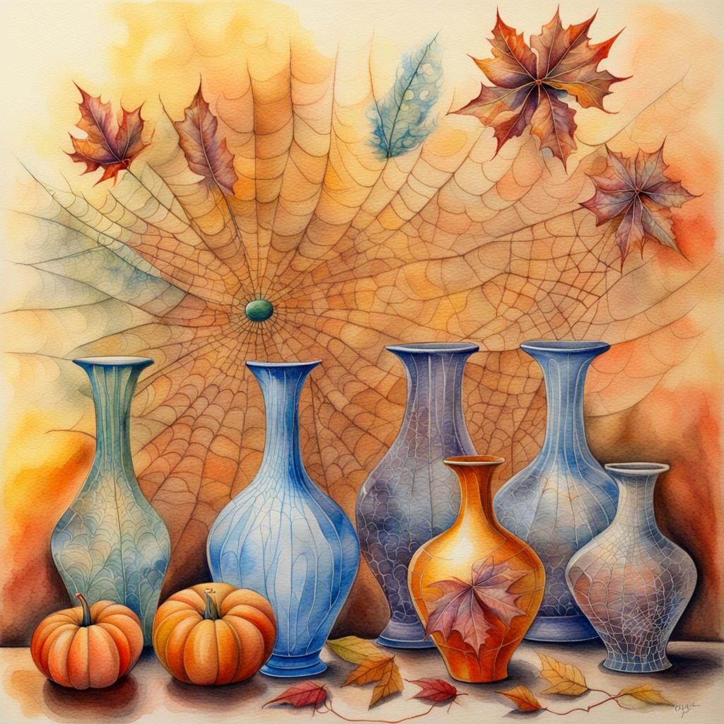 Surreal Still Life with Autumn Flowers in Watercolor