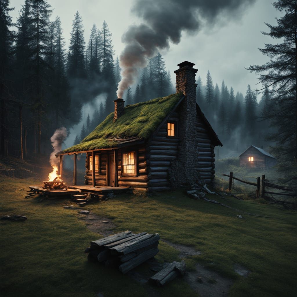 Cinematic Film Still: Cabin on Town Outskirts at Dusk