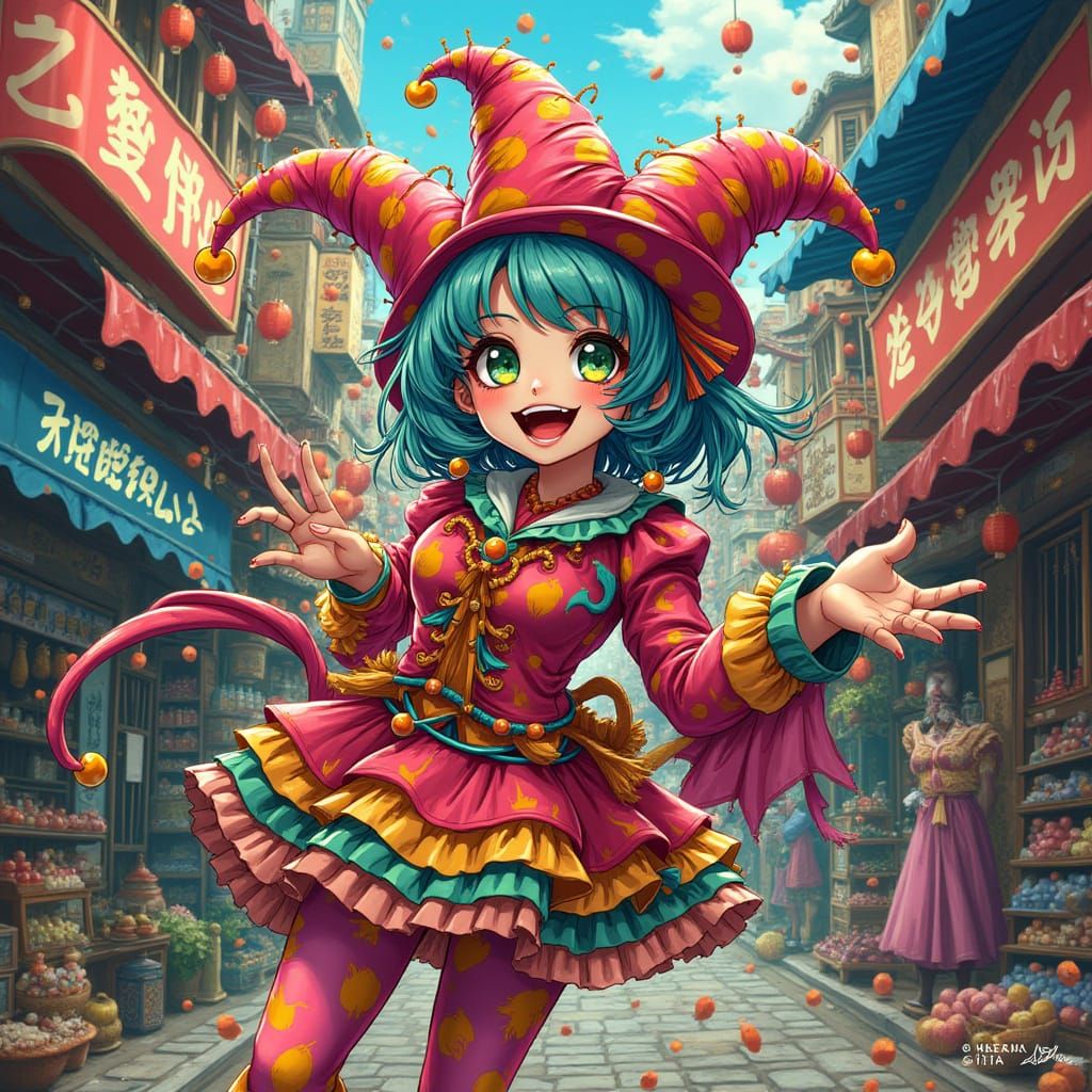 Anime Jester Wreaking Havoc in a Marketplace
