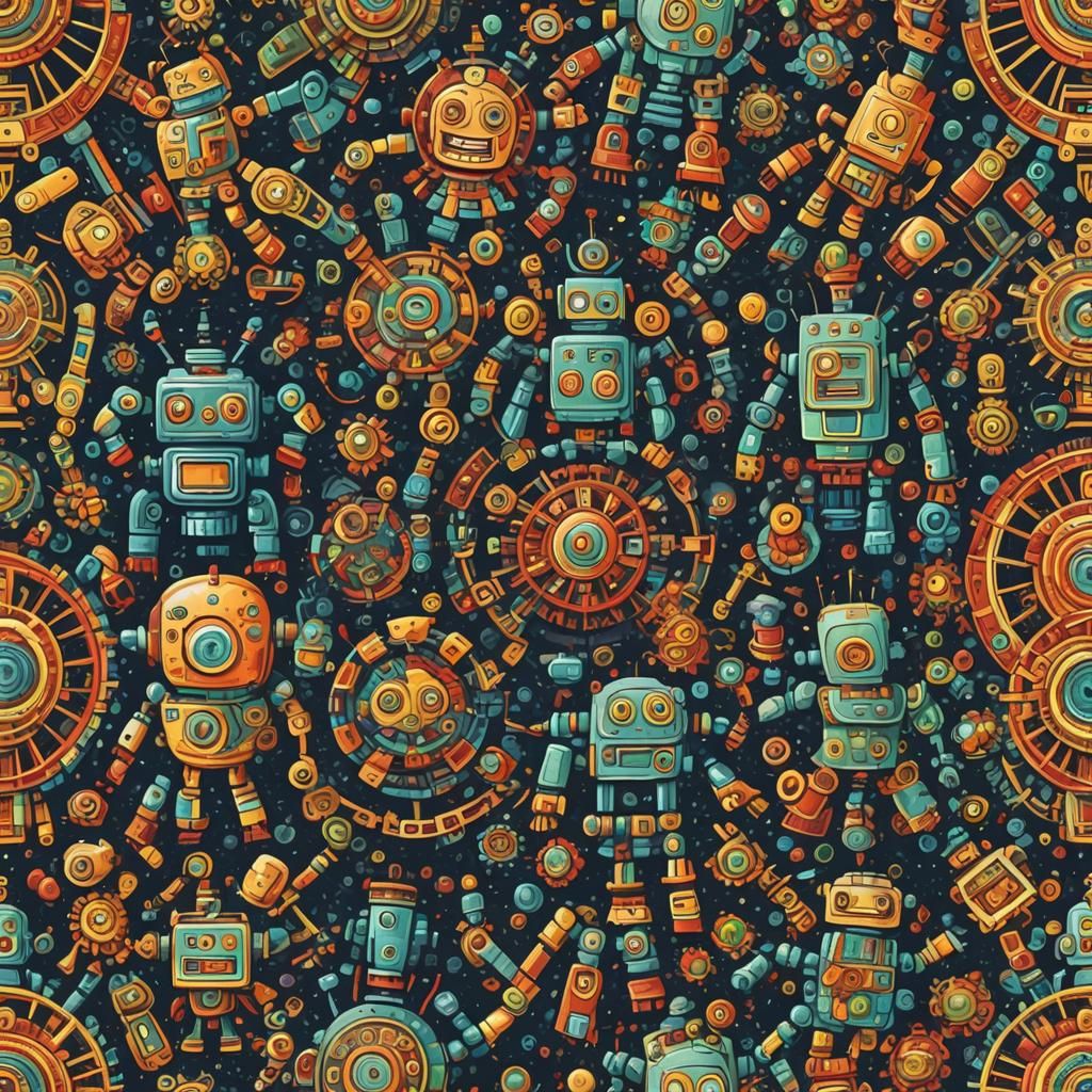 Robot Mandala in Pointillism Style