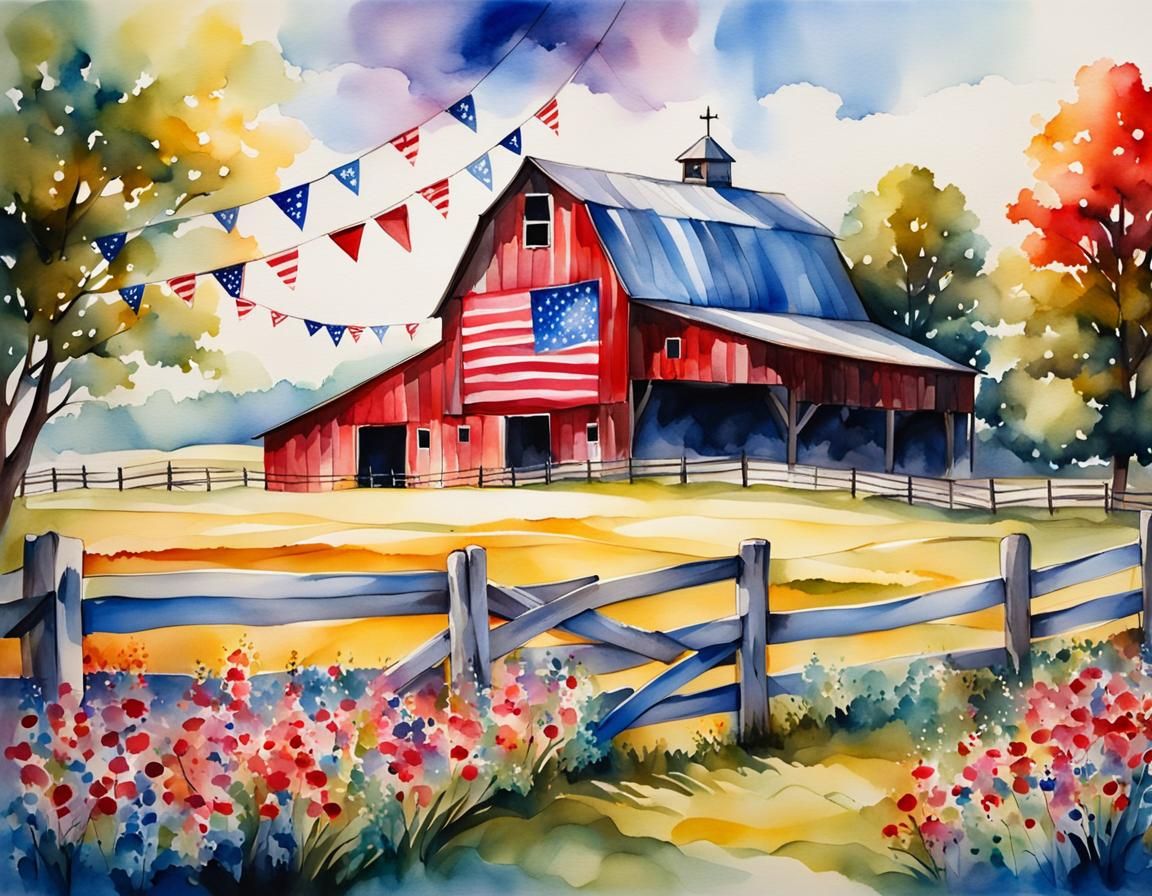 Patriotic Barn Landscape in Watercolor Style