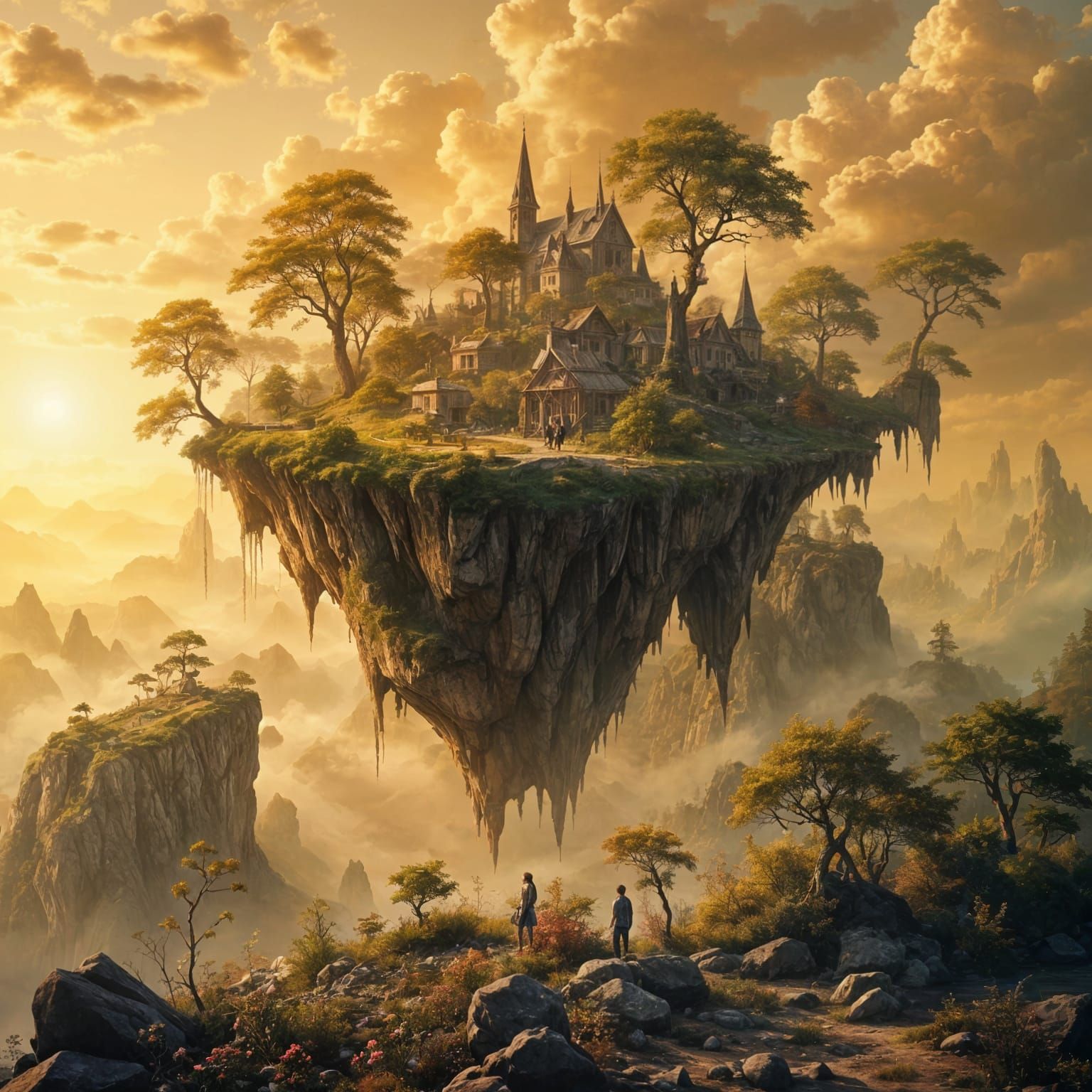 Surreal Floating Island of Memories in Golden Hour Light