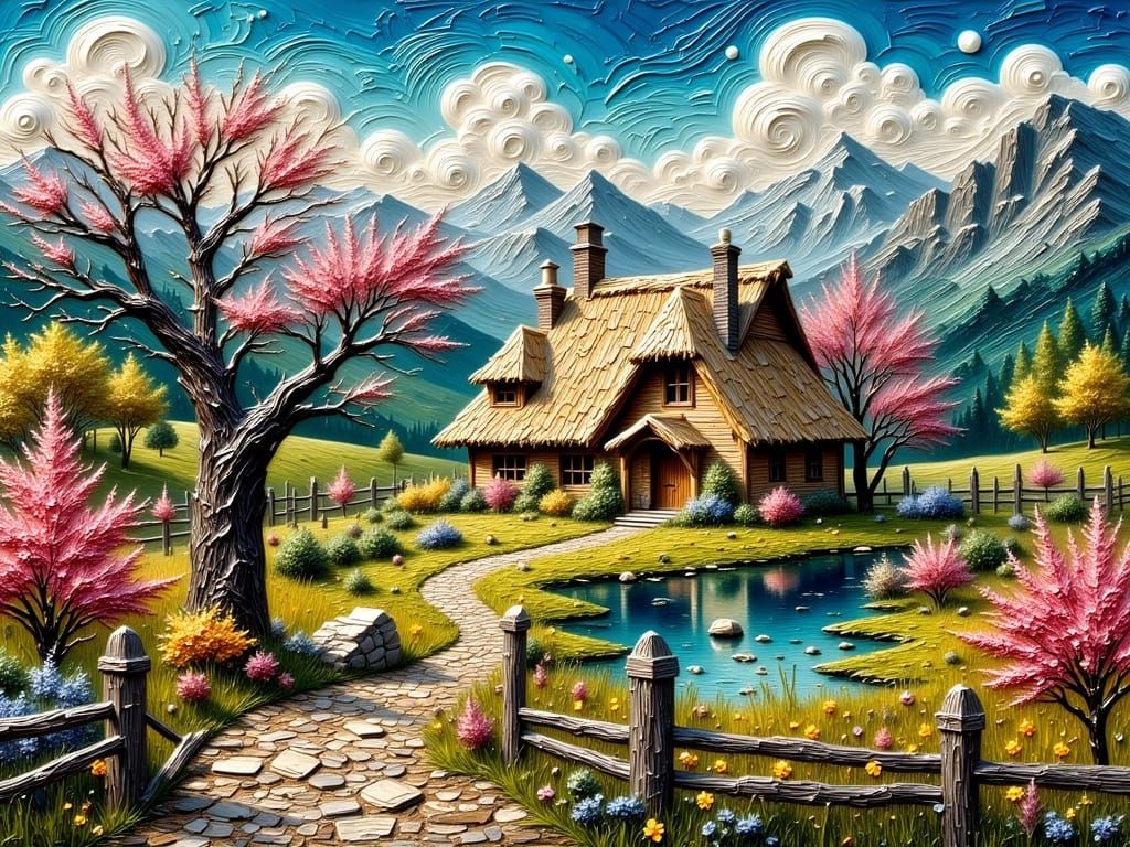 Scenic Cottage Landscape as Impasto Painting