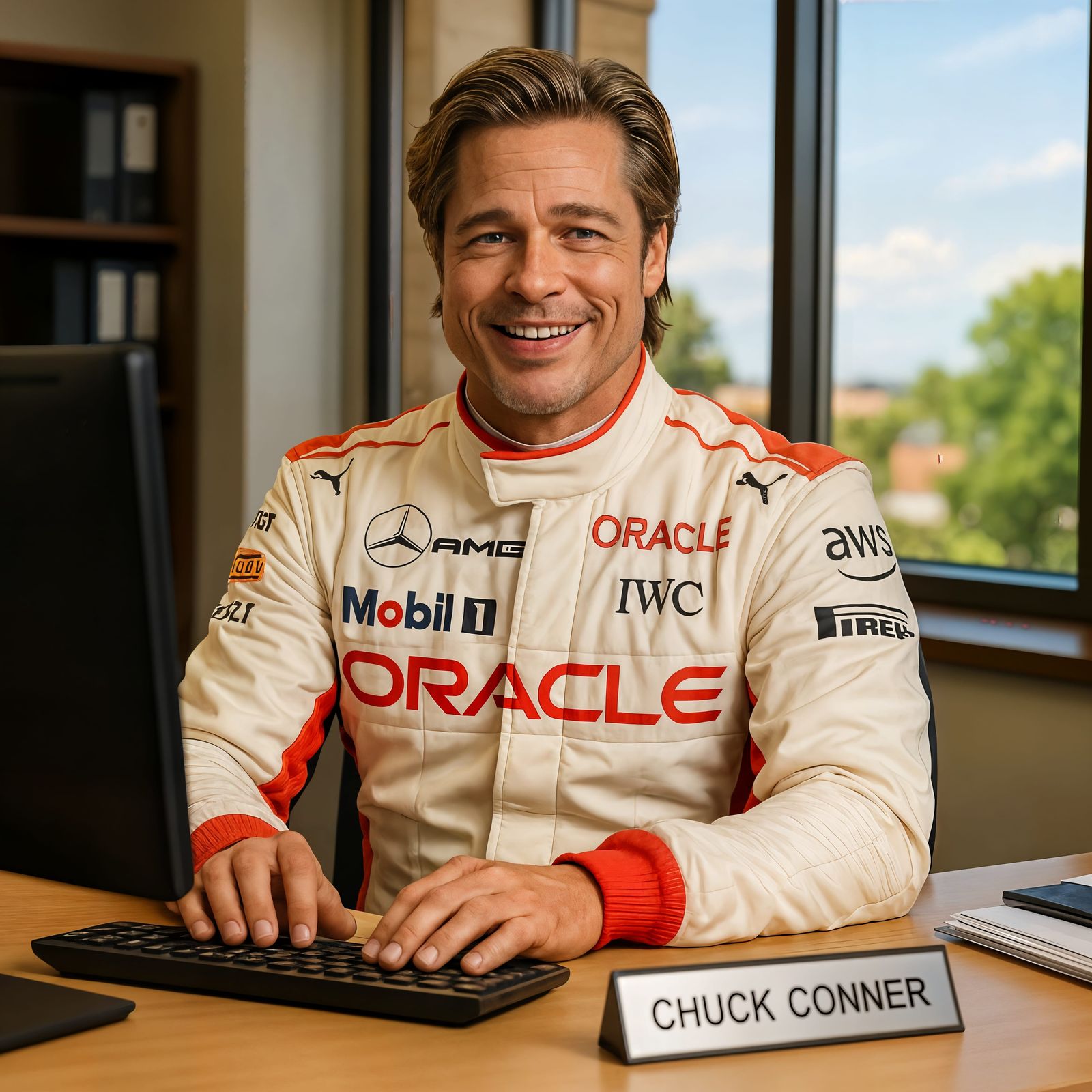 Brad Pitt as Accountant in F1 Gear at Desk