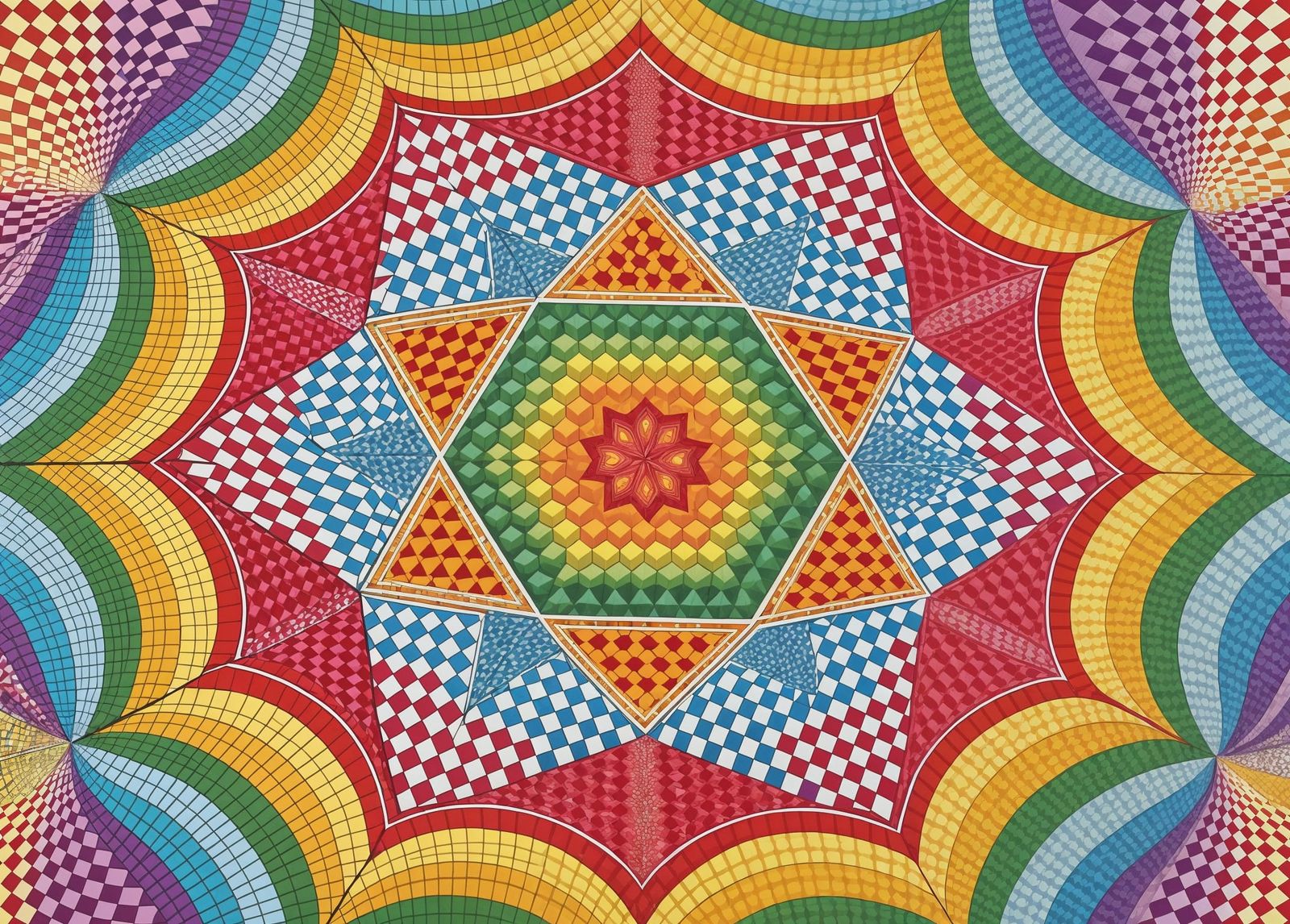 Psychedelic Gingham Artwork in Shimmering Hexagons