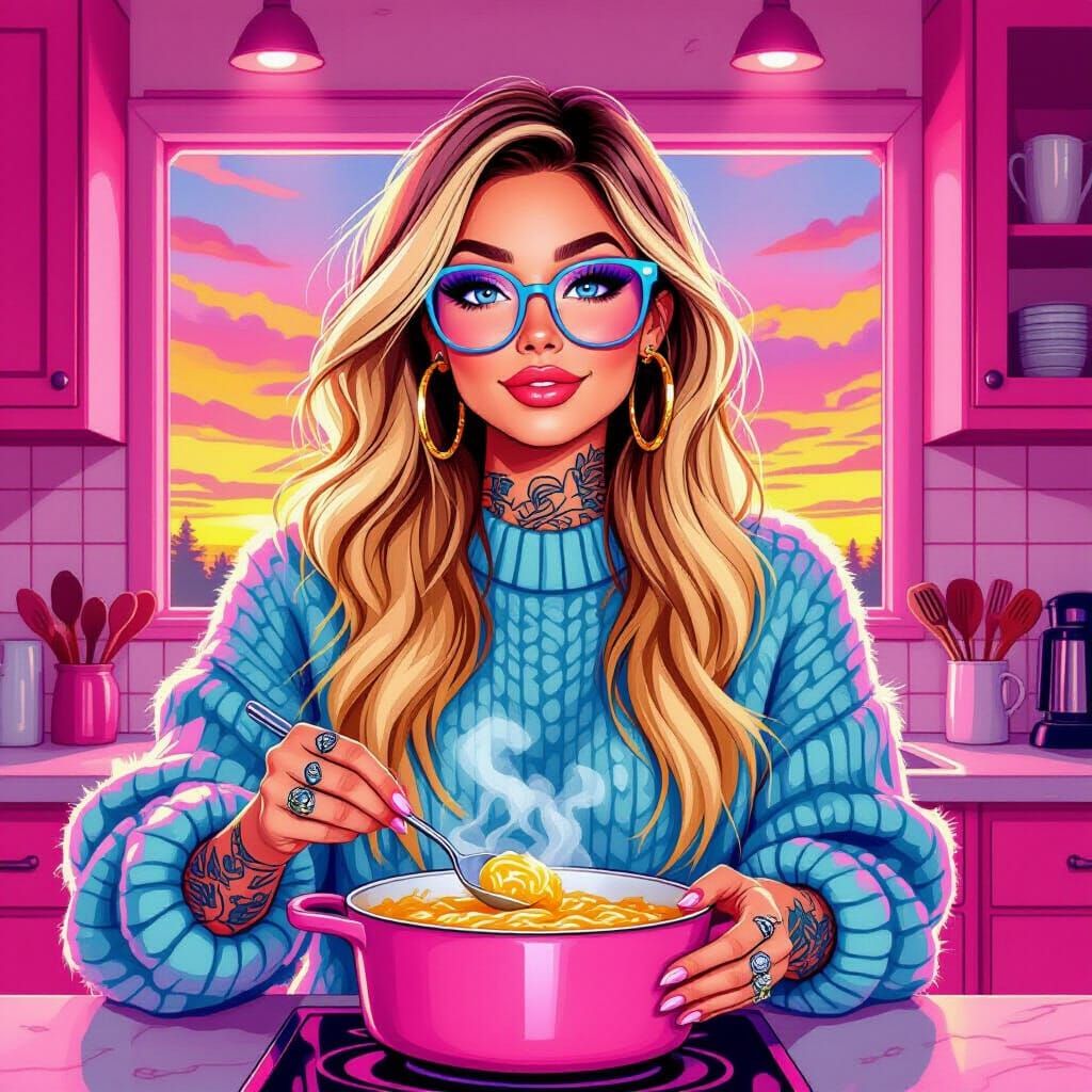 Sunset Kitchen: Sassy Lady in Oil Painting Style