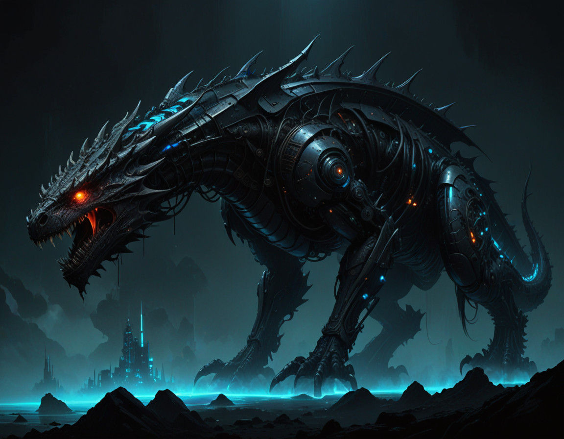 Cyberpunk Dragon with Mismatched Cybernetic Machines