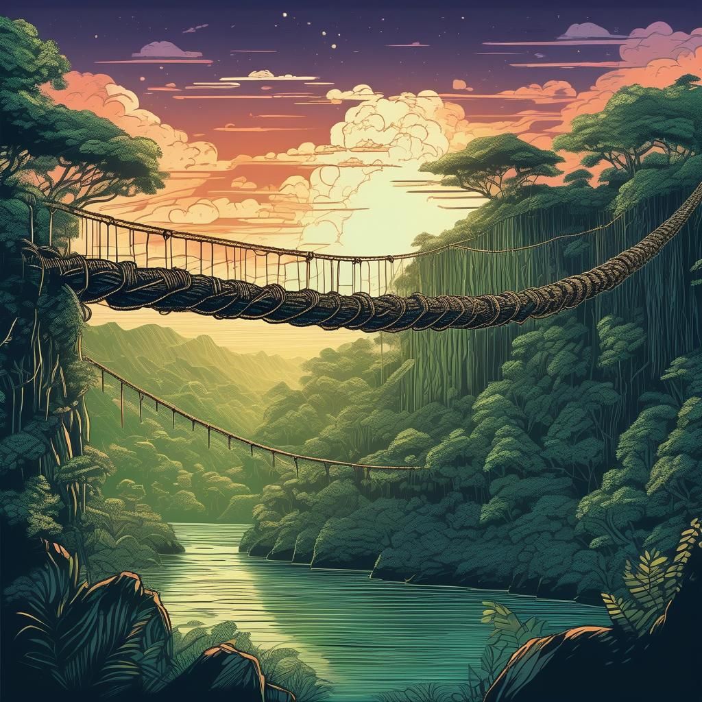 Rainforest Rope Bridge at Dusk in Retro Style