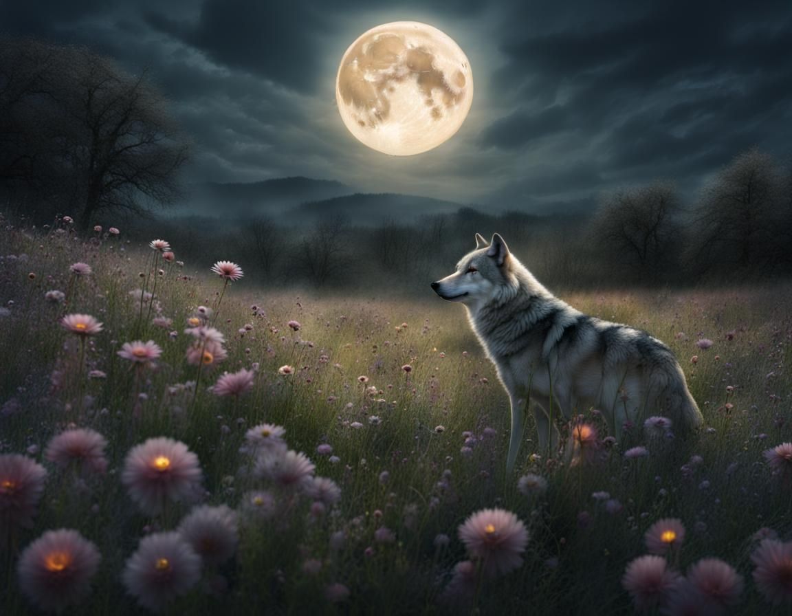 Wolf Howling at Moon Over Flower Meadow