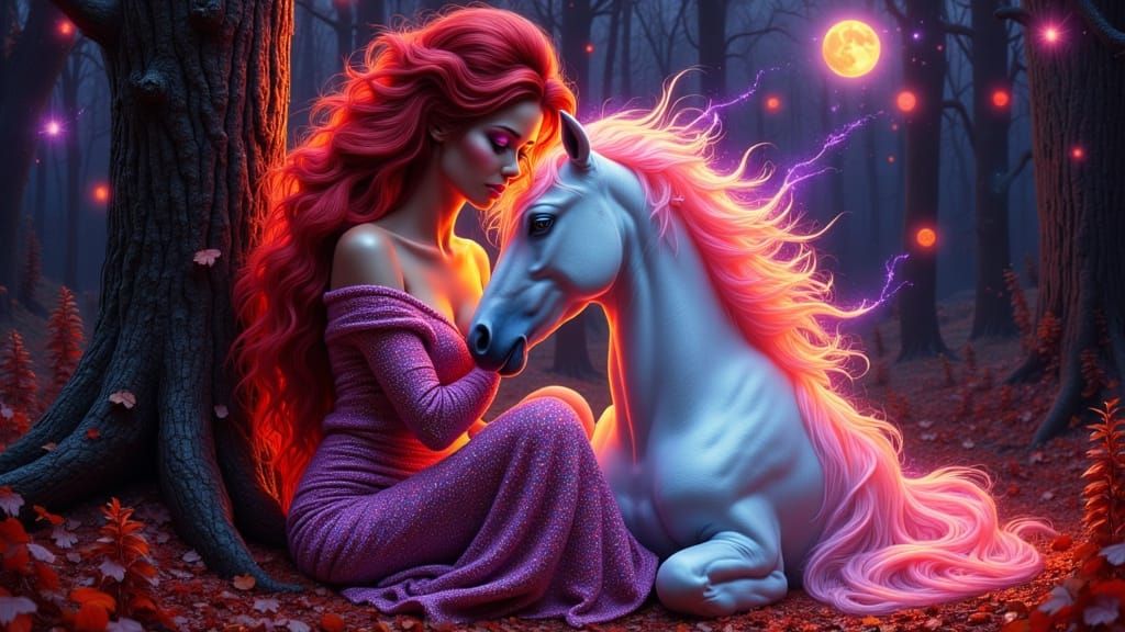 Neon Autumn Fantasy: Woman Hugs Unicorn