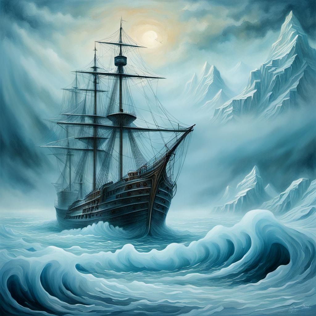 Frozen Ship in Winter Seascape: Da Vinci Style