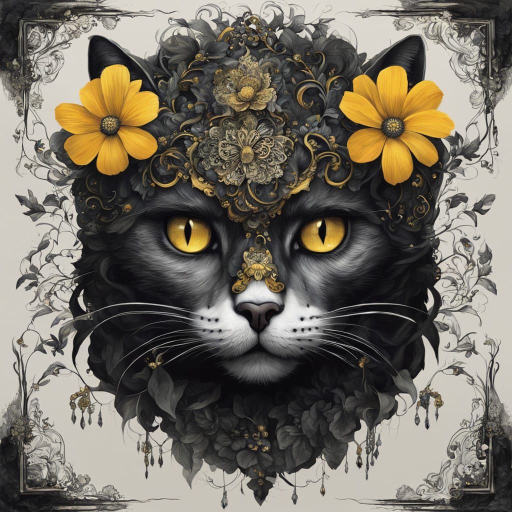 Majestic Sugar Skull Cat in Victorian Mourning Portrait Styl...