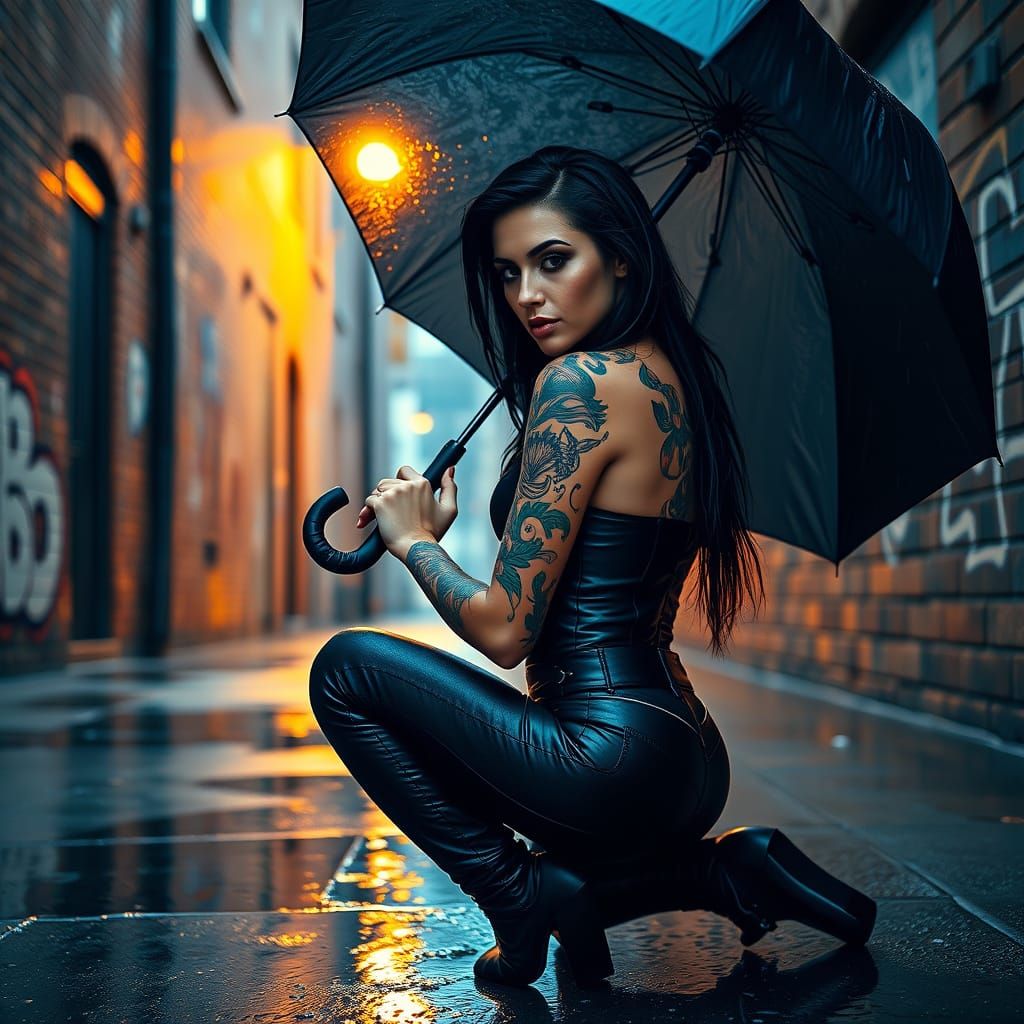 Seductive Woman in Rainy Alley, Vibrant Tattoos and Dark Eye...