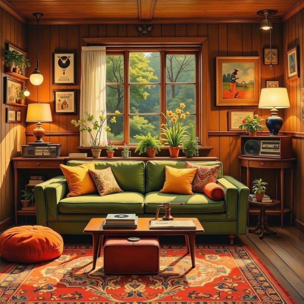 Mid-Century Living Room Oil Painting in 1970s Style