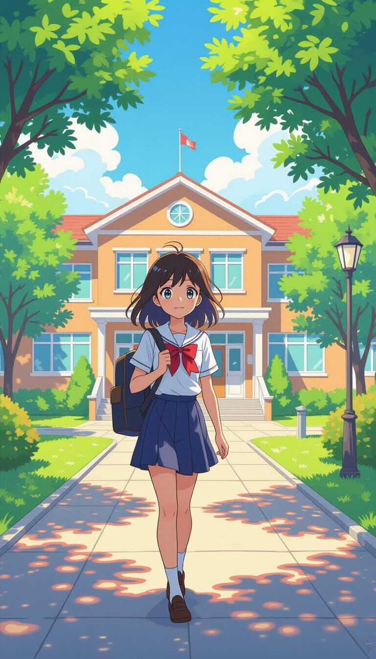 Joyful Girl Walks to School in Anime Style