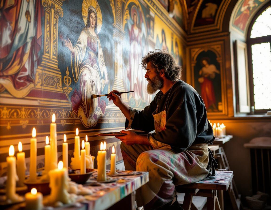 Renaissance Painter at Work in Chapel with Candlelight