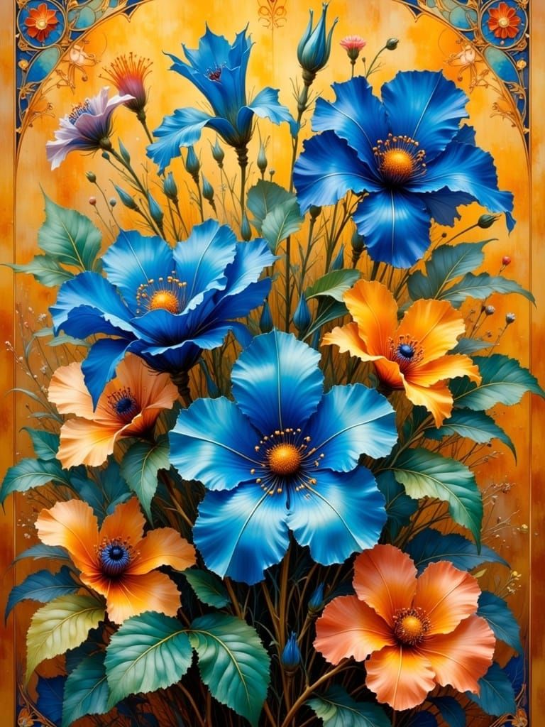 Blue Flowers in Art Nouveau Style