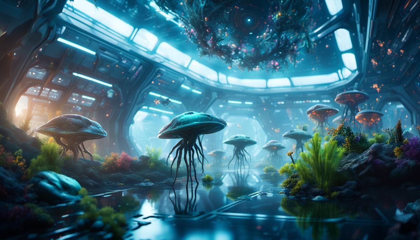 Sci-Fi Space Station: Alien Ecosystems in Metallic Haze