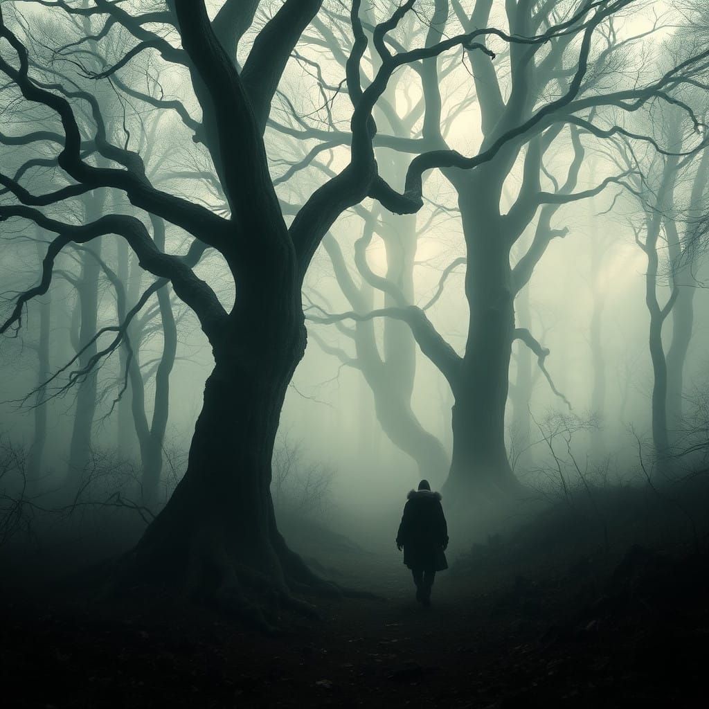 Mysterious Forest Landscape with Ancient Trees and Eerie Sha...
