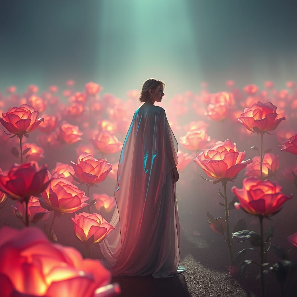Elegant Woman in Ethereal Rose Field with Cinematic Lighting