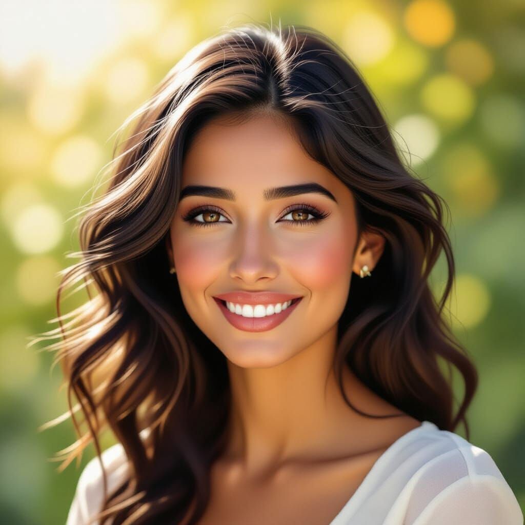 Realistic Oil Portrait of Salma in Sun-Drenched Garden