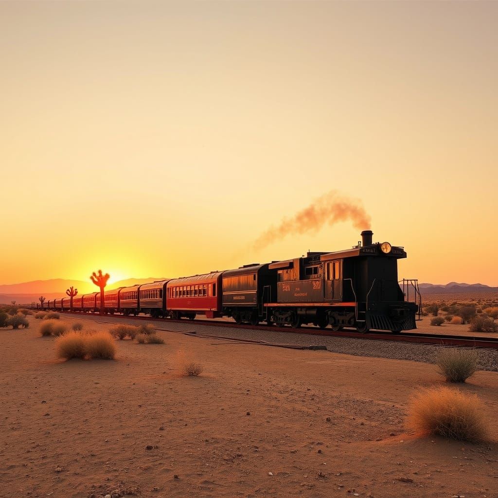 Desperados Awaiting a Train in Desert Sunset