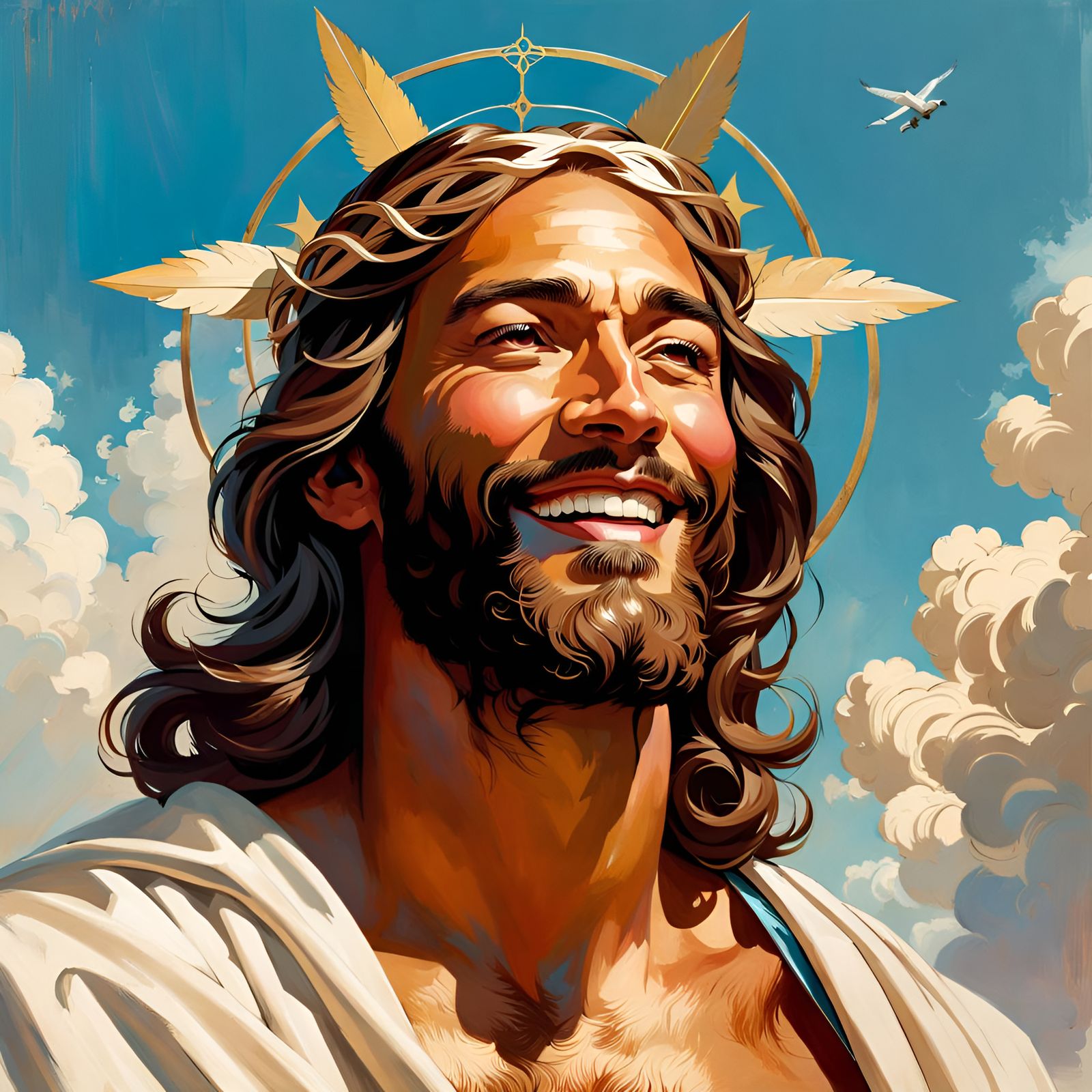 Happy Jesus Portrait in Pin-Up Illustration Style