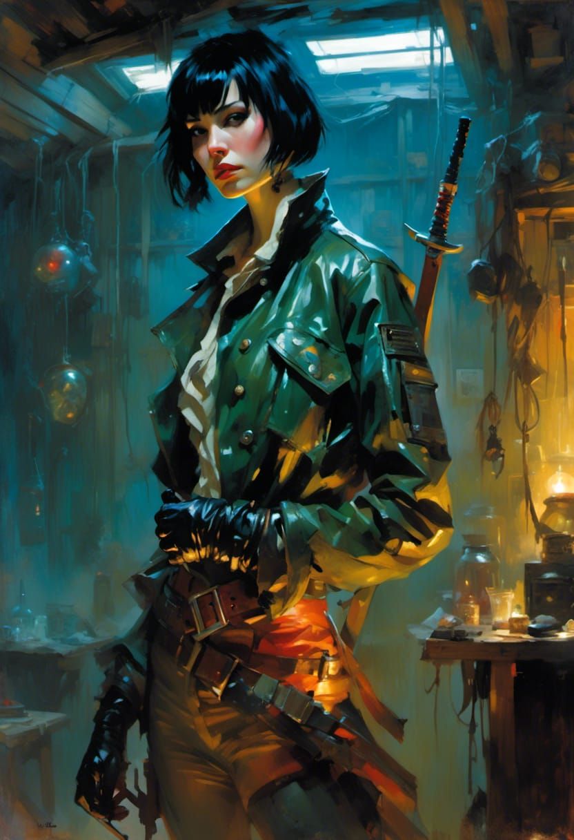 Cyberpunk Warrior with Katana, Chiaroscuro Style
