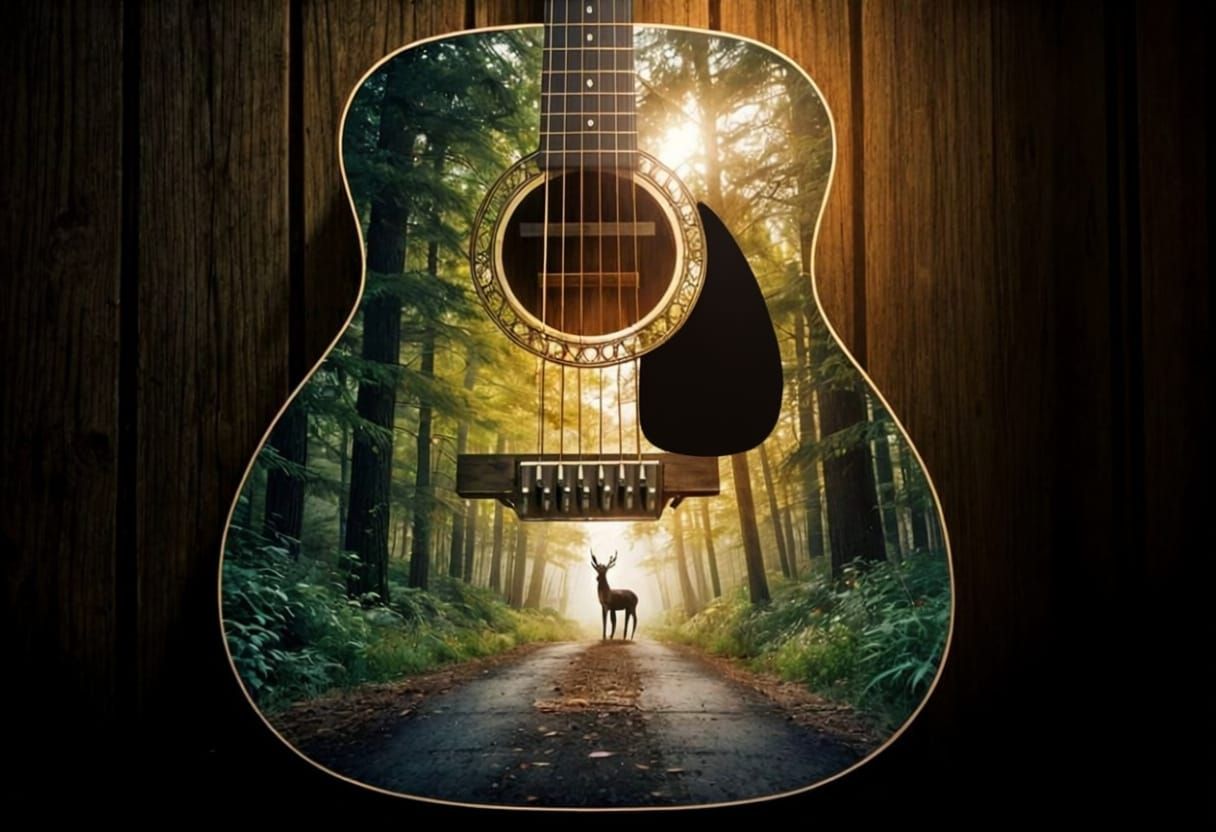 Surreal Guitar Forest Road Double Exposure Art