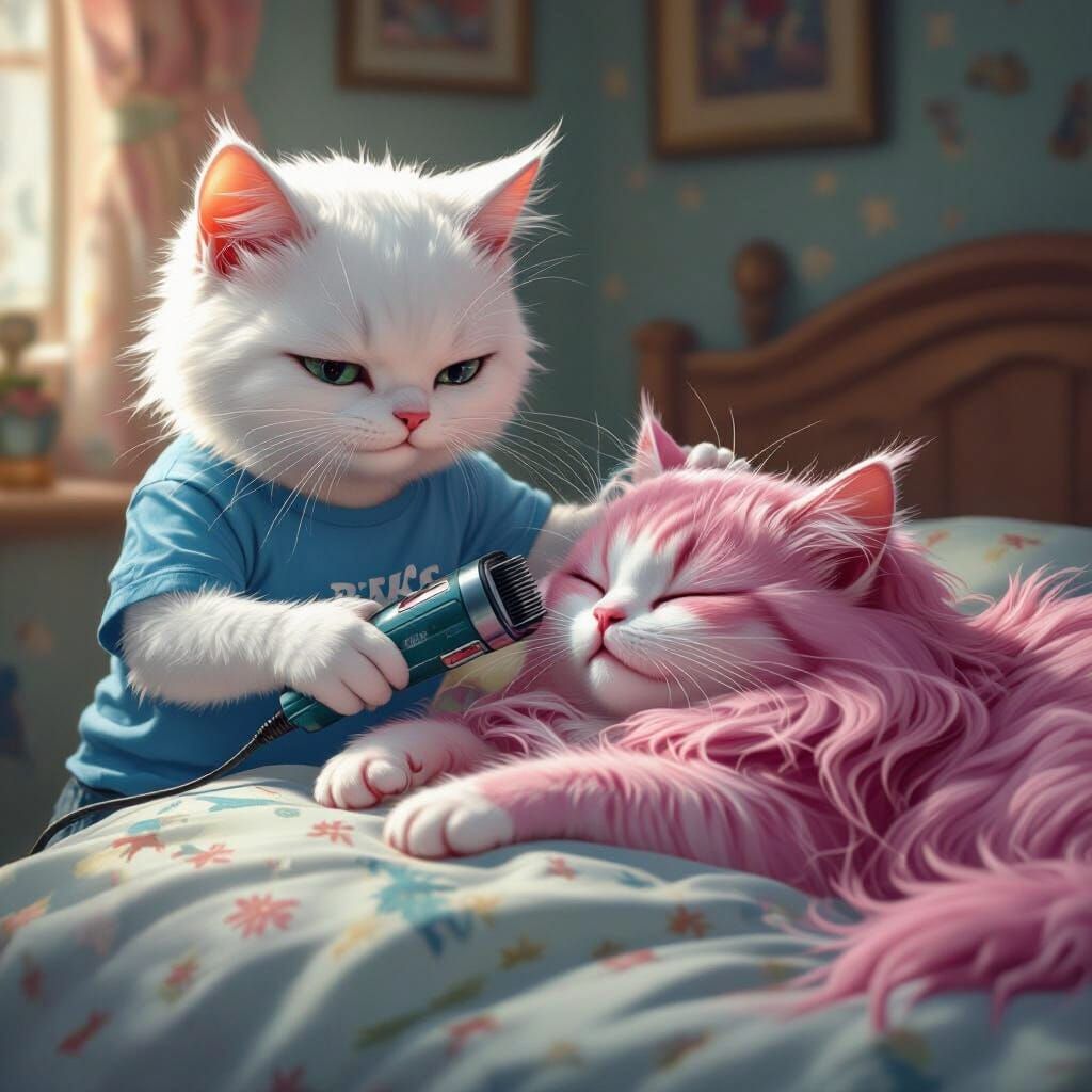 White Cat Shaves Pink Cat Mother's Head in Detailed Matte Pa...
